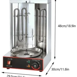 Vertikal Doner Grill, 3 kW Värmekapacitet, Justerbar Temperatur 50-300 °C, Mått 29,5 cm x 26,5 cm x 48,5 cm, Rotationshastighet 6 RPM