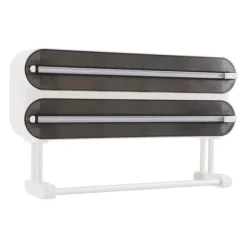 Väggmonterad Dispenser - 3‑i‑1 Rullhållare - Folie- och Plastfilmsdispenser - Hushållspappershållare - 2 Krokar - ≤15×28,5 cm - ABS + Aluminium