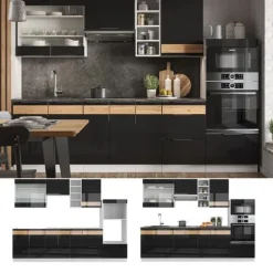 Vicco Fame-Line kök, Blank svart ek/vit, 280 cm