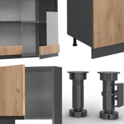 Vicco kök R-Line, Gyllene ek/antracit, 300 cm med högskåp, PT Marble