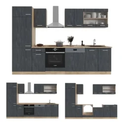 Vicco kök R-Line, Svart betong/guld ek, 300 cm utan bänkskiva