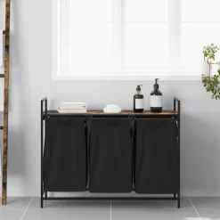 vidaXL Tvättkorg 3 fack med hylla rökfärgad ek