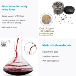Vinkaraff / dekander Glaskaraff med 1,8 liter för rödvin Blyfri karaff i kristallglas Munblåst vinluftare med rengöringspärlor