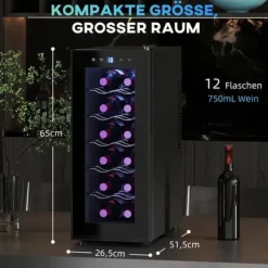 Vinkyl 12 flaskor 30 L 8–18 °C, dubbelt termoelektrisk med glasdörr & LED, touch, svart