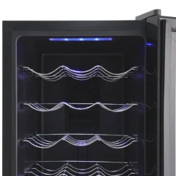 Vinkyl, 46 liters kapacitet, Temperaturområde 8–18°C, 5 justerbara hyllor, Tyst drift vid 38 dB, Härdat glasdörr