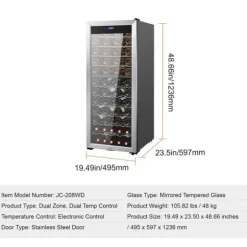 Vinkylare 80 flaskor, Dual Zone, Fristående Kylskåp, LED-ljus, Energisparande, Digital temperaturkontroll