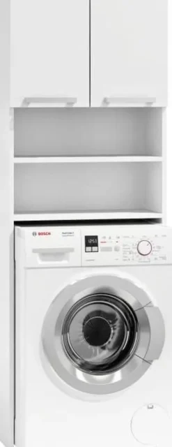 Vit förvaringsskåp över tvättmaskin med 4 hyllor & 2 dörrar