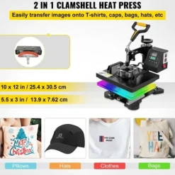 Värmepressmaskin, 10x12 tum / 25x30 cm, 2IN1 Clamshell för sublimering med Teflon, digital värmekontroll, Powerpress för T-shirt och keps.