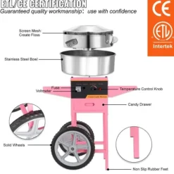 1050W elektrisk sockervaddsmaskin med vagn för olika fester, lämplig för de flesta sorters socker, hög säkerhet, lätt att manövrera