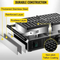 1600W rektangulär våffelbryggare med 2 vändbara dubbelsidiga bakformar, effektiv och jämn bakning, exakt temperatur/tidskontroll