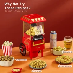 1200W retro mini varmluft popcornmaskin i handkärror stil, hälsosam och fettfri, kompakt och bärbar, lätt att rengöra