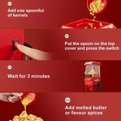 1200W retro mini varmluft popcornmaskin i handkärror stil, hälsosam och fettfri, kompakt och bärbar, lätt att rengöra