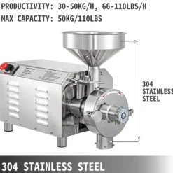 2200W 1500rpm 50kg kapacitet 30-50kg/H elektrisk spannmålskvarn med olika tillbehör, justerbar finhet, med överbelastningsskydd