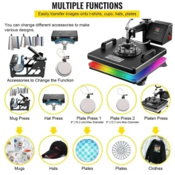 1400W 38x38 cm 8 i 1 värmepressmaskin med full tillbehör, exakt digital kontroll, 360° svängbar design, justerbar fjäderplatta