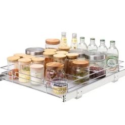 14"W x 21"D utdragbar skåporganisatör, robusta hyllor, kromade lådor, smart förvaring för hemmet, kök och badrum.