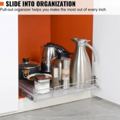 14"W x 21"D utdragbar skåporganisatör, robusta hyllor, kromade lådor, smart förvaring för hemmet, kök och badrum.