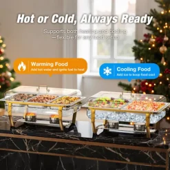 Warmounts rektangulära guldfärgade varmhållningskärl bufféset om 2, 7,6 l styck, matvärmare i rostfritt stål med insatser i flera storlekar, hopfällbar ram | CDON