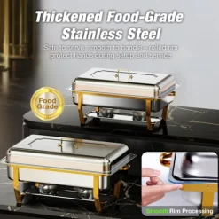 Warmounts rektangulära guldfärgade varmhållningskärl bufféset om 2, 7,6 l styck, matvärmare i rostfritt stål med insatser i flera storlekar, hopfällbar ram | CDON