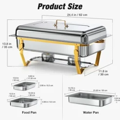 Warmounts rektangulära guldfärgade varmhållningskärl bufféset om 2, 7,6 l styck, matvärmare i rostfritt stål med insatser i flera storlekar, hopfällbar ram | CDON