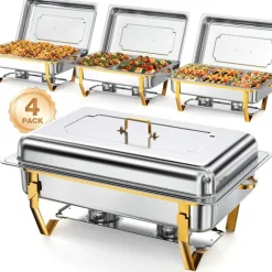 Warmounts rektangulära guldfärgade varmhållningskärl bufféset om 4, 7,6 l styck, matvärmare i rostfritt stål med insatser i flera storlekar, hopfällbar ram | CDON