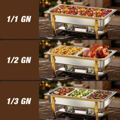 Warmounts rektangulära guldfärgade varmhållningskärl bufféset om 4, 7,6 l styck, matvärmare i rostfritt stål med insatser i flera storlekar, hopfällbar ram | CDON