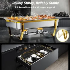 Warmounts rektangulära guldfärgade varmhållningskärl bufféset om 4, 7,6 l styck, matvärmare i rostfritt stål med insatser i flera storlekar, hopfällbar ram | CDON