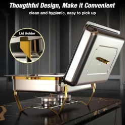 Warmounts rektangulära guldfärgade varmhållningskärl bufféset om 4, 7,6 l styck, matvärmare i rostfritt stål med insatser i flera storlekar, hopfällbar ram | CDON