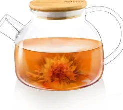 Wilmax Glastekanna med tesil & bambulock 950 ml – värmebeständig kanna för teblommor & löste