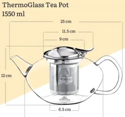 Wilmax Tekanna i glas 1 550 ml – tebryggare med avtagbart filter och lock i rostfritt stål | droppfri, värmetålig, diskmaskinssäker
