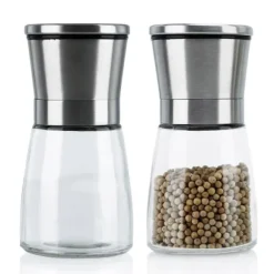 2x Pepparkvarn kryddkvarnar i SILVER 2x Handkvarn av glas och rostfritt stål för köket, perfekt för att mala och krossa peppar, salt, kryddor och