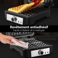 YASHE Belgisk Vaffeljern, 4 Skiver Vaffelmaskine, 1200W, Sølv/Sort