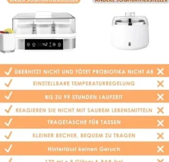 Yoghurtmaskin, digital yoghurtberedare, temperatur- och tidsstyrning, automatisk, 9 glasburkar à 170 ml, svart