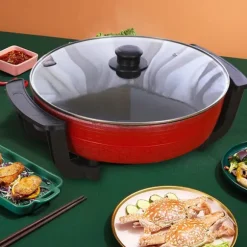 Yuanyang Hot Pot - Elektrisk hotpot-gryta - 6 L - 1300 W - Delad 2 smaker - Rostfritt stål - Röd