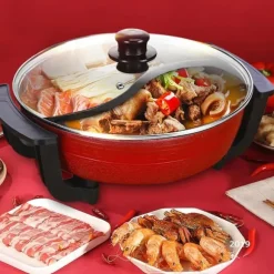 Yuanyang Hot Pot - Elektrisk hotpot-gryta - 6 L - 1300 W - Delad 2 smaker - Rostfritt stål - Röd