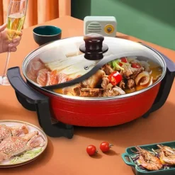 Yuanyang Hot Pot - Elektrisk hotpot-gryta - 6 L - 1300 W - Delad 2 smaker - Rostfritt stål - Röd